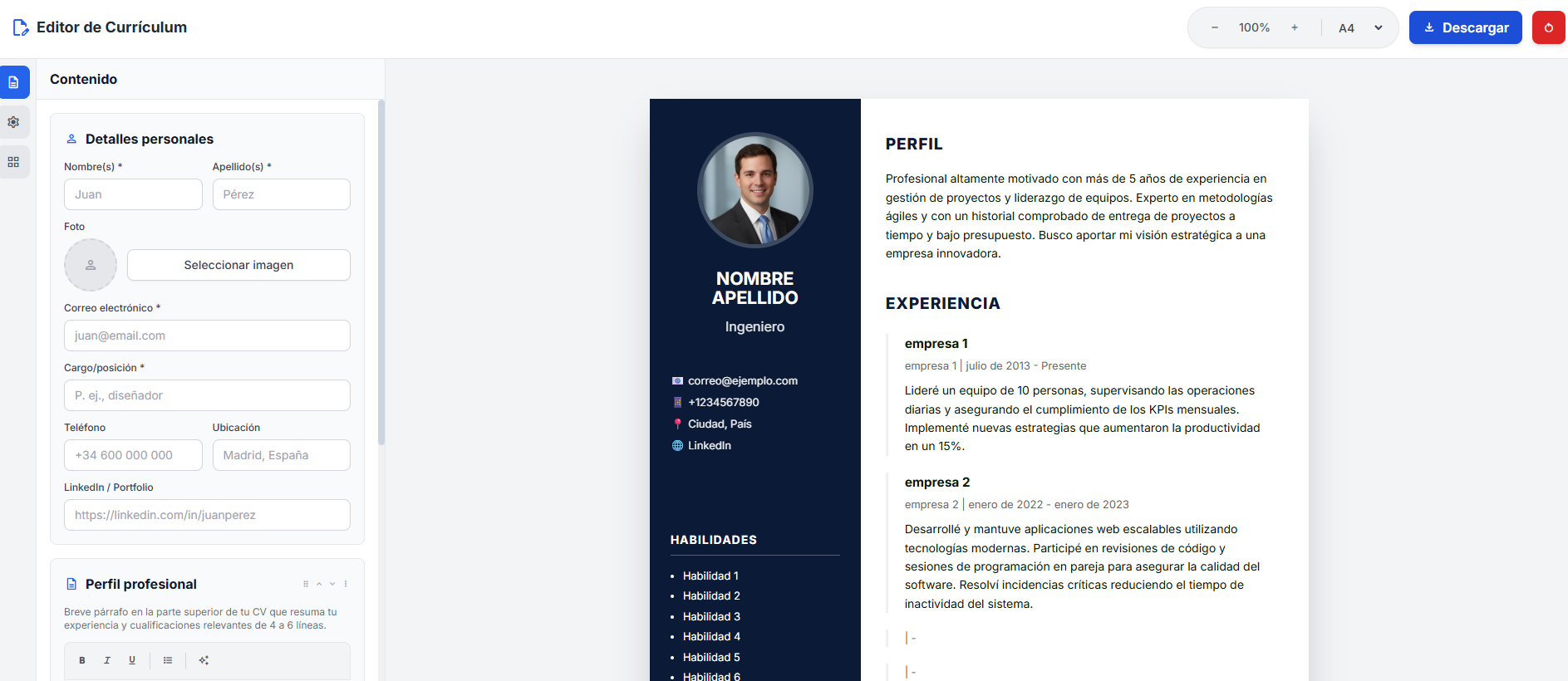 Editor de CV - Creador de currículum vitae profesional con plantillas gratuitas